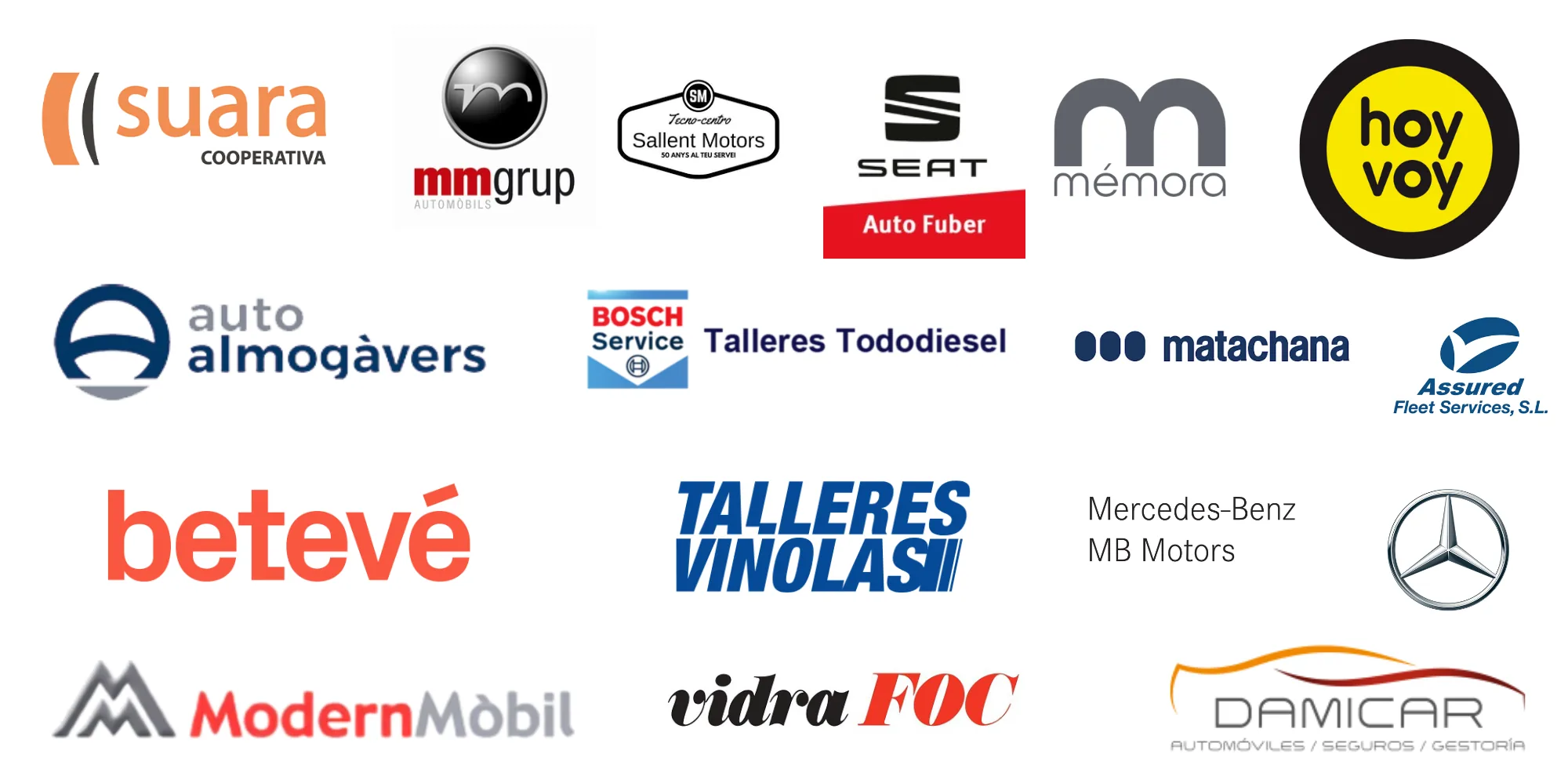 Logotipos de empresas clientes de Future-Wash: Suara Cooperativa, MM Grup, Sallent Motors, SEAT Auto Fuber, Mémora, Hoy Voy, Auto Almogàvers, Bosch Service Talleres Tododiesel, Matachana, Assured Fleet Services, Betevé, Talleres Viñolas, Mercedes-Benz MB Motors, Modern Mòbil, Vidrafoc y Damicar
